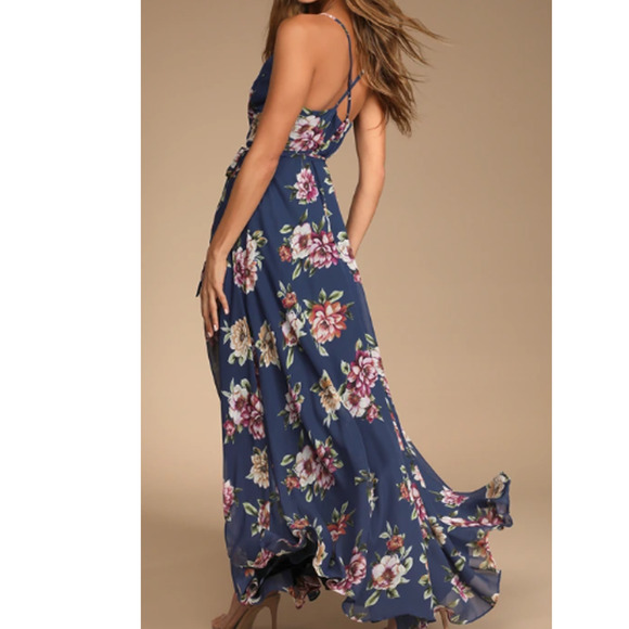 LULU'S XS Always There For Me Navy Blue Floral Print Wrap Maxi Dress NEW B154 - Picture 2 of 8